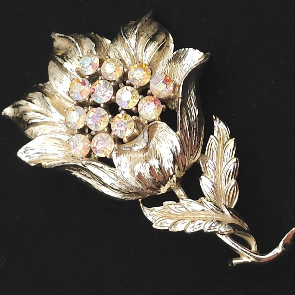 Aurora Borealis Rhinestone Flower Brooch Vintage Gold Tone Large Floral Pin